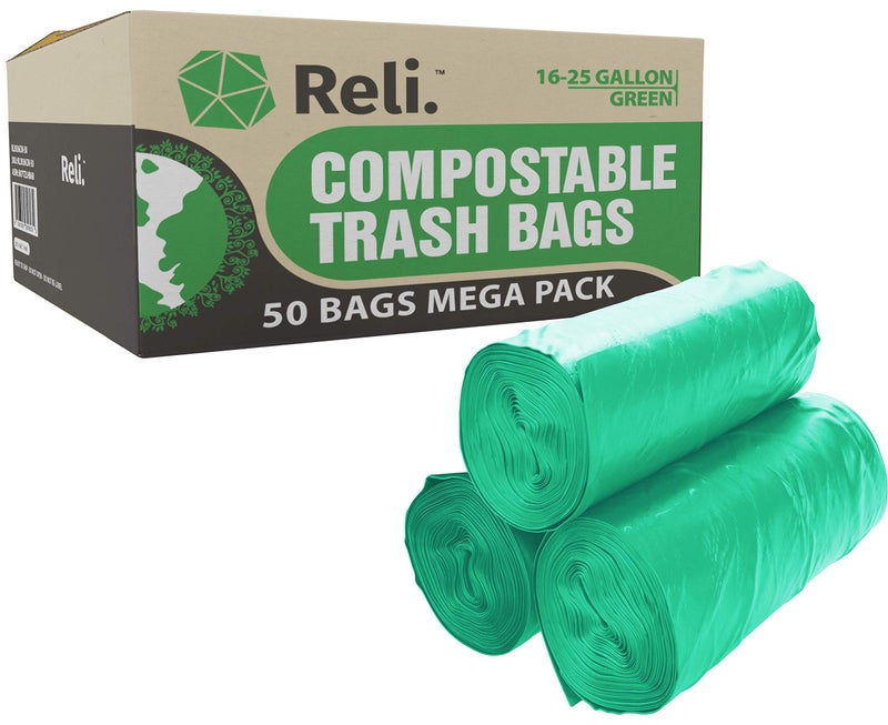 Reli. Compostable 16-25 Gallon Trash Bags | 50 Count | ASTM D6400 | Green | Eco-Friendly | For Compost - Image 1